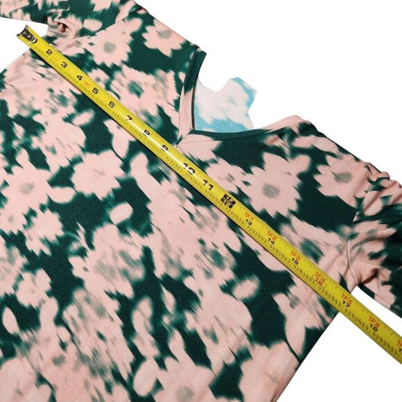 Saint + Sofia Dress Watercolor Midi Floral Green Pink Long Sleeve Stretch Knit 4 - Picture 10 of 13